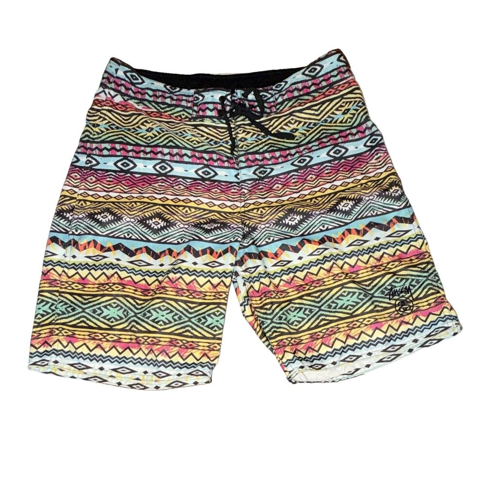 Vtg Stussy Men’s Multicolor Geometric Aztec Board Shorts Drawstring Size 32